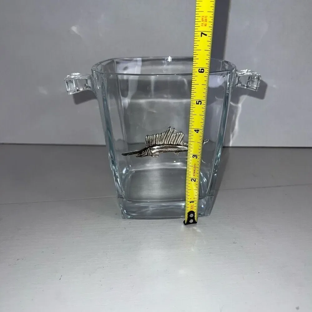 Vintage Maurice Milleur Clear Ice Bucket With Silver Plate Marlin Classic Beach